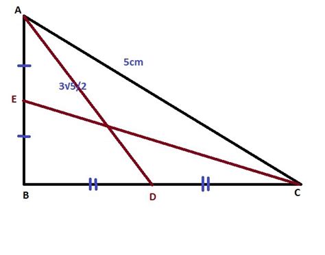 Triangle ABC is right angled at B. AD and CE are the two medians drawn ...