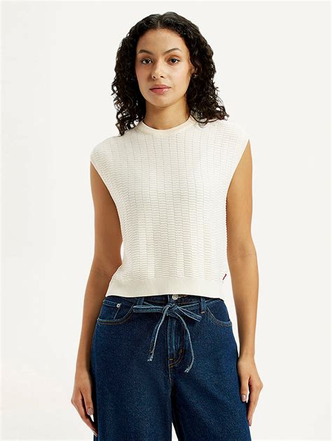 Women's Self Design Off White Crew Neck Top – Levis India Store
