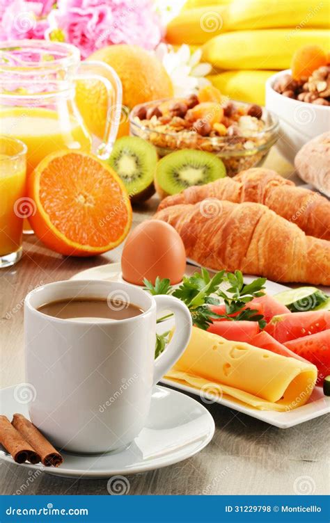 Breakfast with Coffee, Orange Juice, Croissant, Egg, Vegetables Stock ...