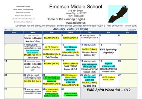 January 2024 Calendar | Emerson Middle School