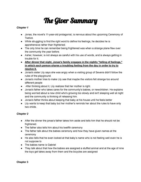The Giver Summary - Giver Summar Chapter 1 Jonas, the novel's 11-year ...