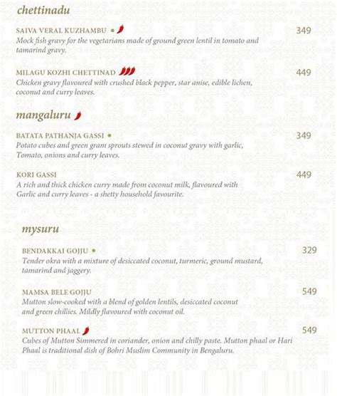 Menu at Savya Rasa, Chennai