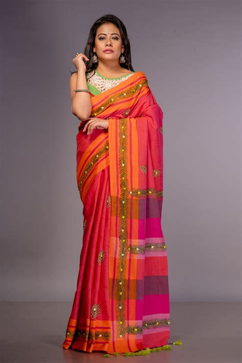 Handwoven Cotton Saree With Kantha Work