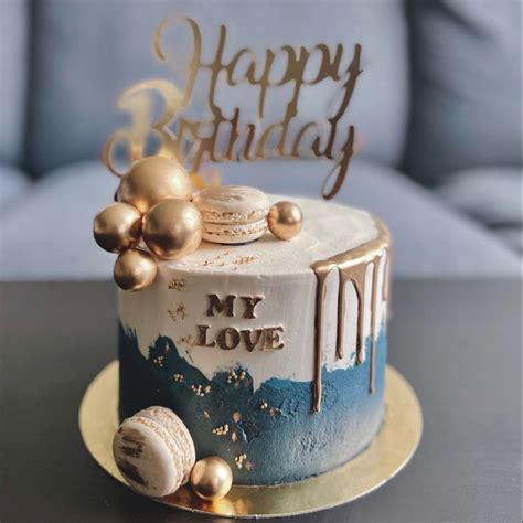 Modern White Blue and Gold Birthday Cake