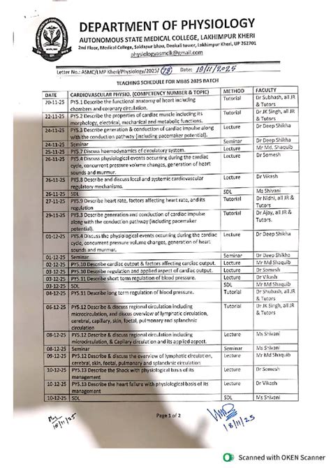 CVS Teaching Schedule for MBBS 2025 Batch - Physiology Course - Studocu