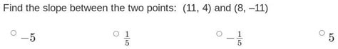 Find the slope between the two points: (11, 4) and (8, –11) - Brainly.in