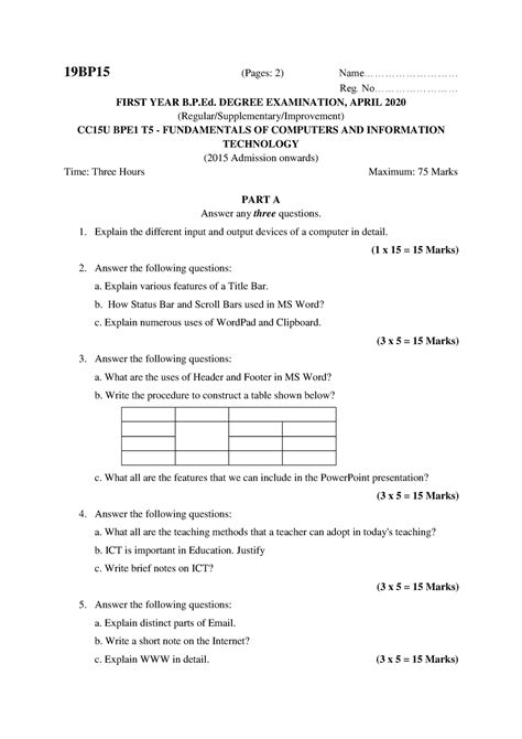 BPE1 T5 - Fundamentals OF Computers AND Information Technology - 19BP15 ...