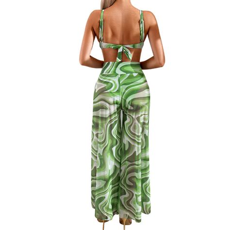 Unique Printed Bikini Loose Trousers High Waist Three-Piece Set Green ...