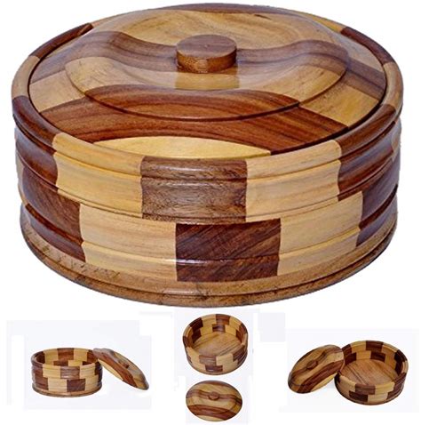Buy Woodenclave Solid Sheesham Wood Hot Pot Roti Box Set Casserole Sets ...