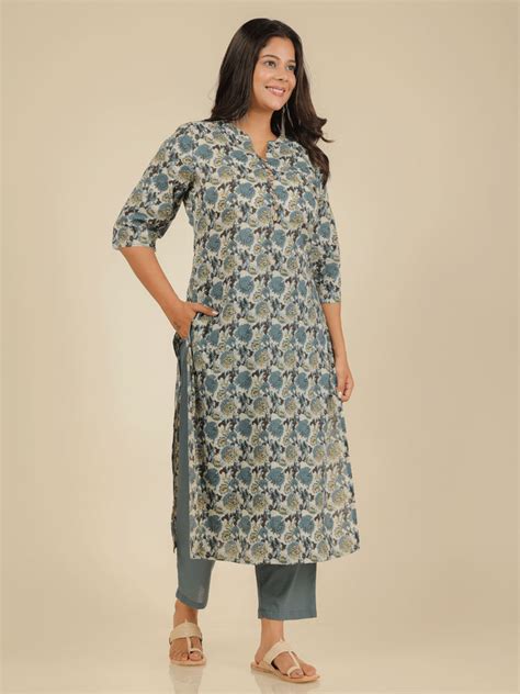 Buy Soft Cotton Floral Straight Grey Kurta & Trousers A7547 | Aramya