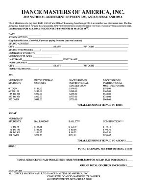 Fillable Online 2013 NATIONAL AGREEMENT BETWEEN BMI, ASCAP, SESAC AND ...
