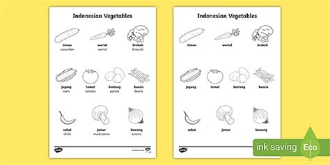 Vegetables Colouring Sheet Indonesian (teacher made)