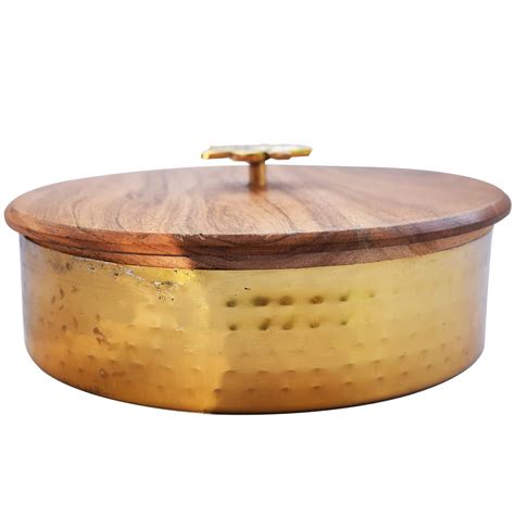 Buy JAIN ART VILLA Brass Antique Finish Chapati Box with Wooden Lid ...