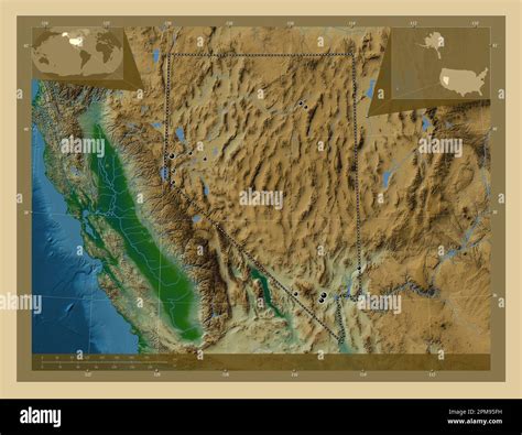 Nevada, state of United States of America. Colored elevation map with ...