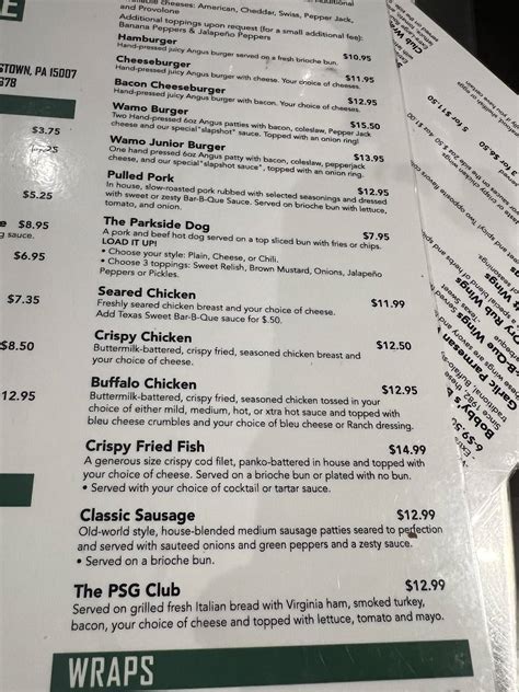 Menu at Parkside Grill pizzeria, Bakerstown