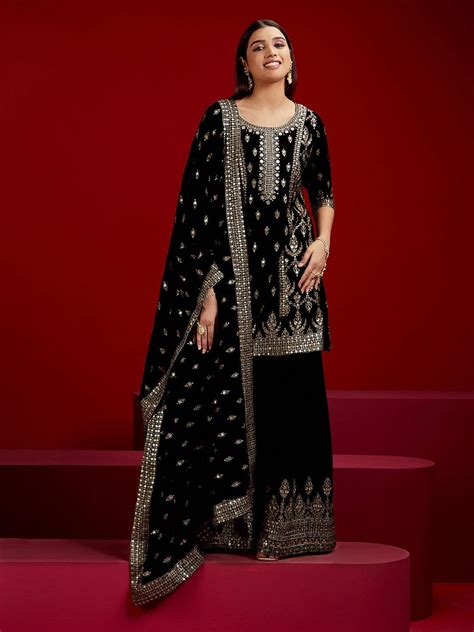 Buy Libas Art Black Embroidered Velvet Straight Suit With Dupatta ...