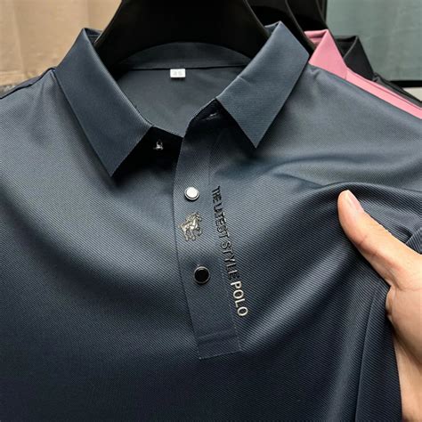 Men's Ice Silk Polo Shirts Embroidered Lapel Short Sleeve Elastic ...
