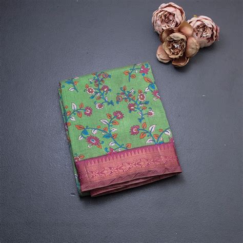 Semi Tussar Parrot Green Printed Saree – Kumaran Silks