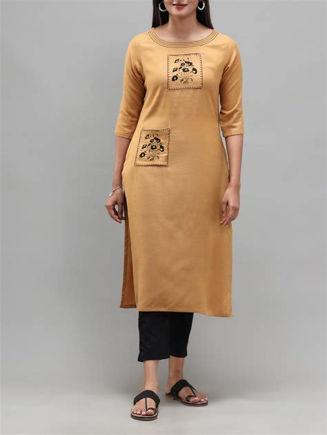 Mustard Yellow Viscose Plain Kurti With Embroidery