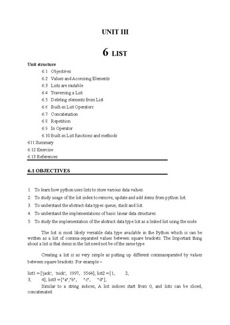 4 - notes - UNIT III 6 LIST Unit structure 6 Objectives 6 Values and ...