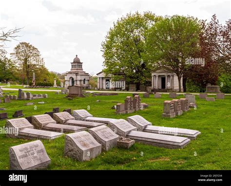 Graves and mausoleums in Homewood Cemetery on a spring day, Pittsburgh ...