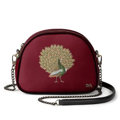 DailyObjects Printed Arch Sling Crossbody Bag For Women| Maroon Peacock ...