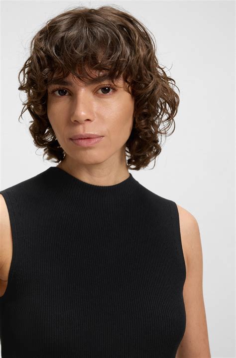 BOSS - Ribbed-knit top with mock neckline - Black