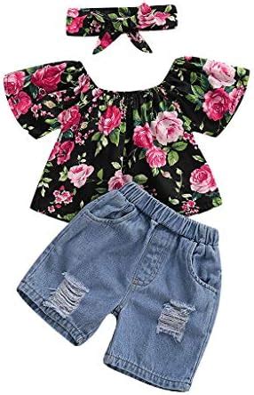 Ywoow Baby Girl's Clothes Set Off Shoulder Floral Print Tops Hole Denim ...