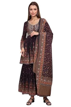 Buy Aurelia Women's Purple Abstract Printed Beaded Chiffon A-line Kurta ...