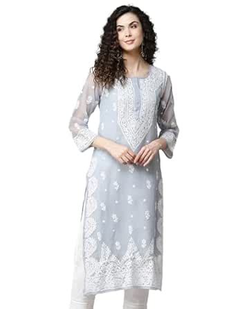 Buy Ada Hand Embroidered Lucknowi Chikankari Grey Georgette Kurta Kurti ...