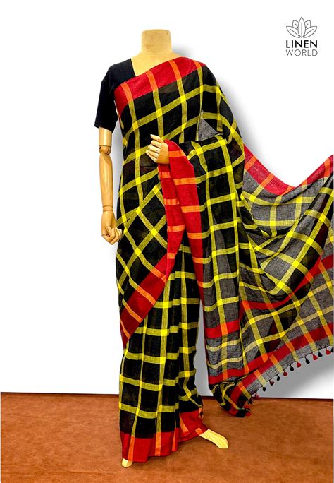 Laal Peela - Black Organic Pure Linen Saree | Linen World