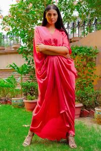 Buy Coral Satin Embroidery V-neck Knotty Cowl Draped Kaftan For Women ...