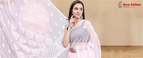 Buy Seva Chikan Hand Embroidered Lucknowi Chikankari Pink Georgette ...
