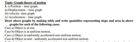 Topic- Graph theory of motion 1. i) Position time graph, ii ...