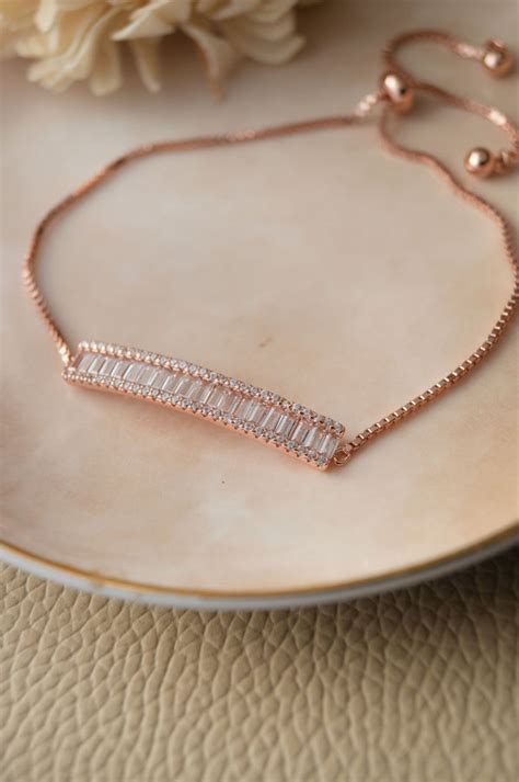 Baguette Bar Rose Gold Plated Sterling Silver Pull Chain Bracelet | 925 ...