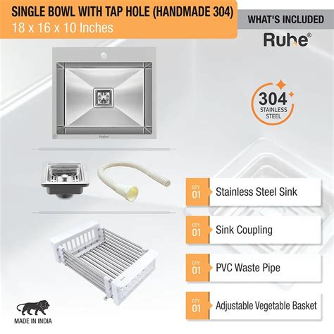 Handmade Single Bowl with Tap Hole Kitchen Sink (18 x 16 x 10 Inches ...