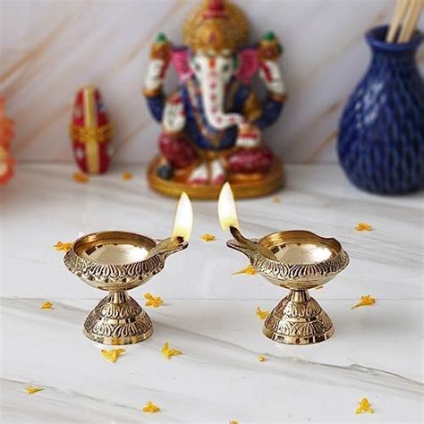 Buy eCraftIndia Golden Lotus Flower Shape Decorative Brass Diya for ...