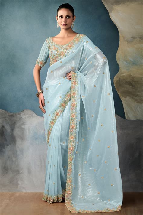 Buy Blue Embroidered Tissue Saree Online | Saree Buta | ZB134338