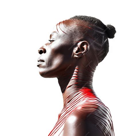 A woman with a red and white shirt and a red stripe on her neck ...