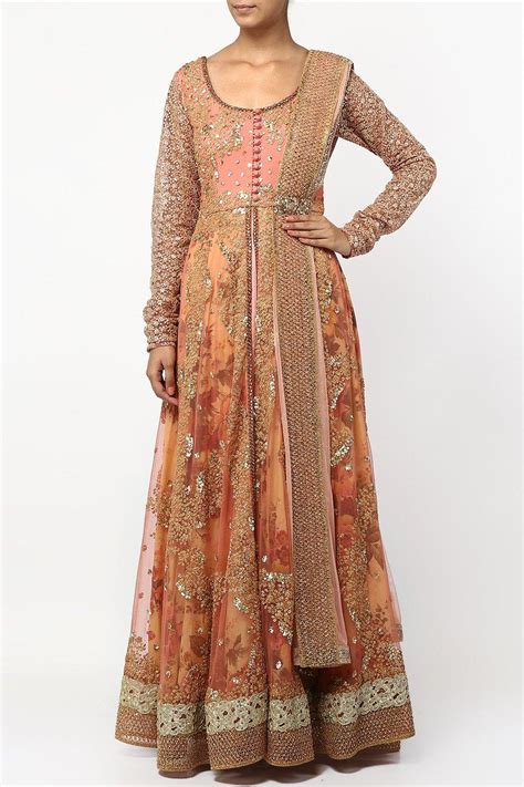Dark Coral Floral Print Layered Anarkali Set | Wedding Anarkalis – Kylee