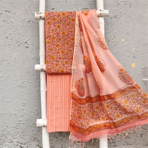 ROZANA - Pure Cotton Kota Top Kota Dupatta Unstitched Suit Piece Peach ...