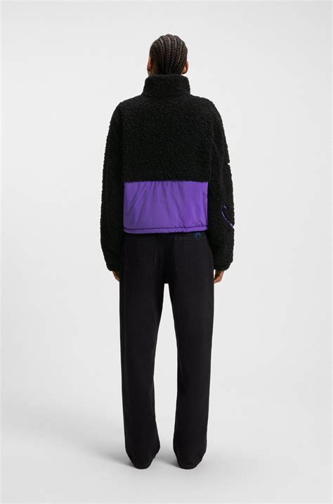 HUGO - Teddy jacket with colour-blocking and embroidered logo - Black