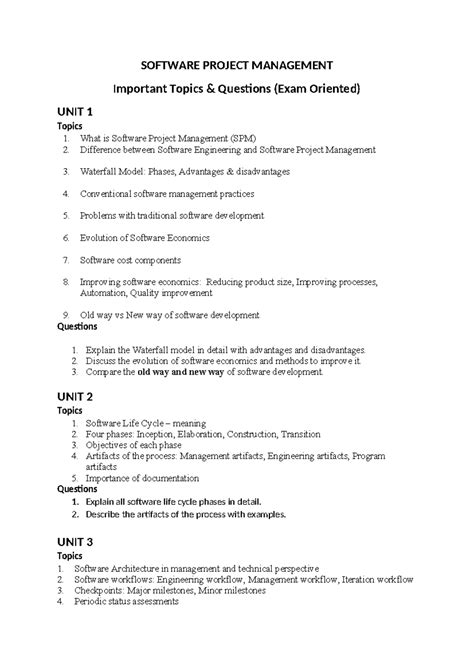 SOFTWARE PROJECT MANAGEMENT Exam-Oriented Topics & Questions - Studocu