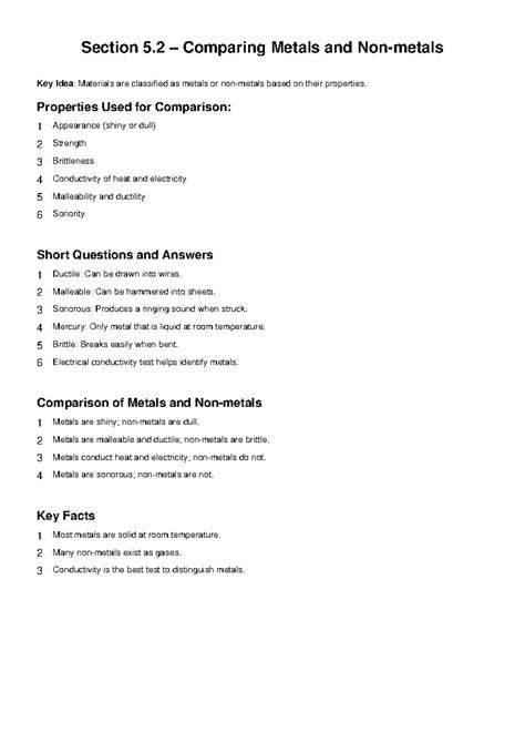 Section 5.2 Comparing Metals and Non-Metals: Key Properties and Facts ...