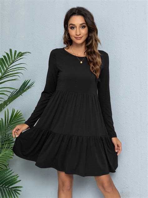 CALIPESSA Womens Fall Tiered Ruffle Hem Black Knee Length Dress Long ...