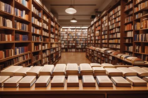 A wooden board in a bookstore with rows of books and literature ...