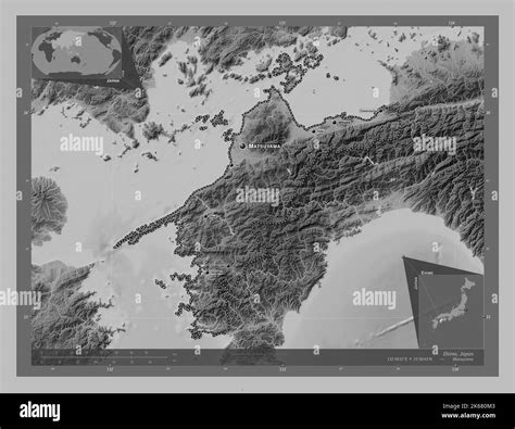 Ehime, prefecture of Japan. Grayscale elevation map with lakes and rivers. Locations and names ...