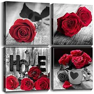 YOOOAHU 4 Pieces Black&White Red Roses Wall Art Home Decor Framed ...