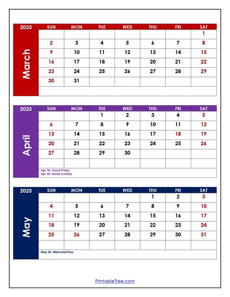 3 Month Printable Calendar 2025 March April May