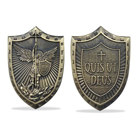 St Michael Patron Saint Challenge Coin QUIS UT DEUS Shield Badge Medal ...